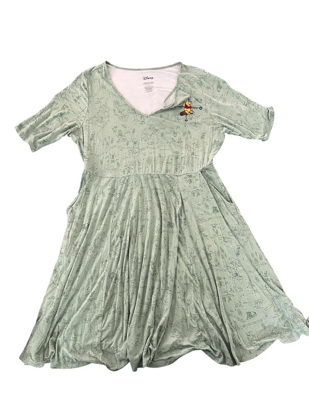 Disney Winnie the Pooh Women’s 1X SageGreen Map Print V-Neck Shift Knee Dress